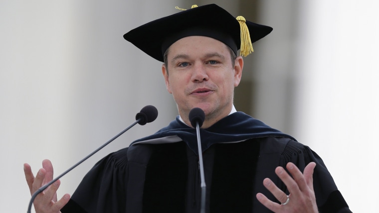 Actor Matt Damon gestures during his address at the Massachusetts Institute of Technology's commencement in Cambridge, Mass.