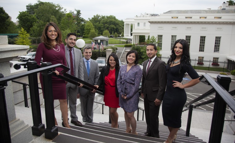 Image: Young Latinos of the Obama White House . Former staffers:  Andrea Ambriz, Tom?s Talamante, Alejandro Miyar, Nathaly Arriola, Stephanie Valencia, Irving Burbano, Mabell Arrambide.