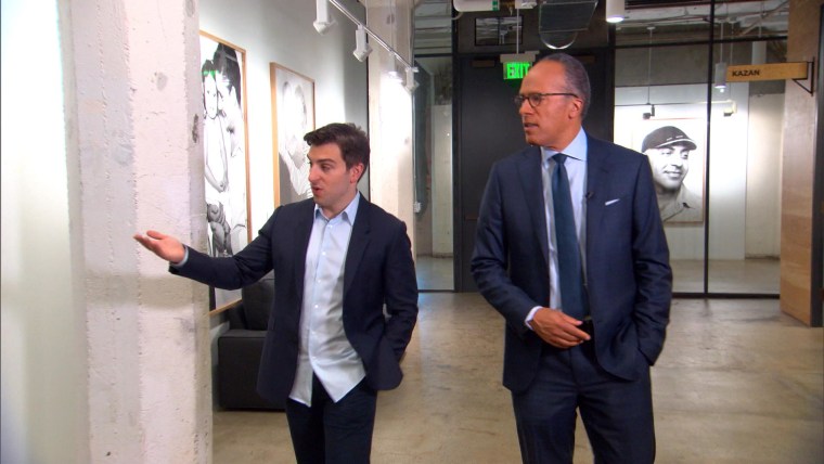 Brian Chesky shows Lester Holt around the San Francisco Airbnb offices.