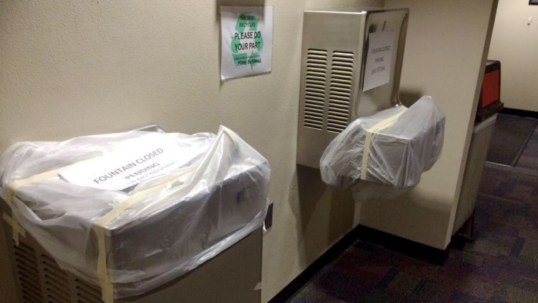 Drinking fountains covered at a Portland public school on May 31, 2016.