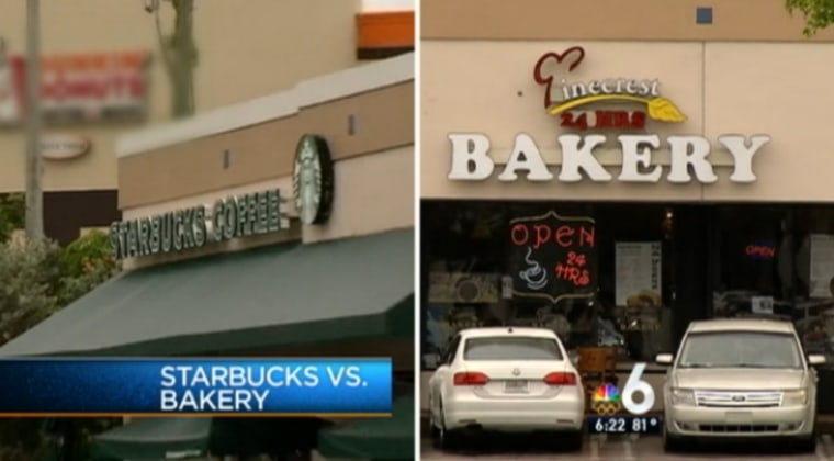 There's trouble brewing between The Pinecrest Bakery and Starbucks over who's allowed to be brewing coffee, and the little guy is steamed at the big guy.