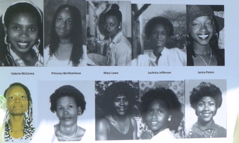 A flier created by the Black Coalition Fighting Back Serial Killers depicts nine women and one girl murdered by Lonnie Franklin Jr.