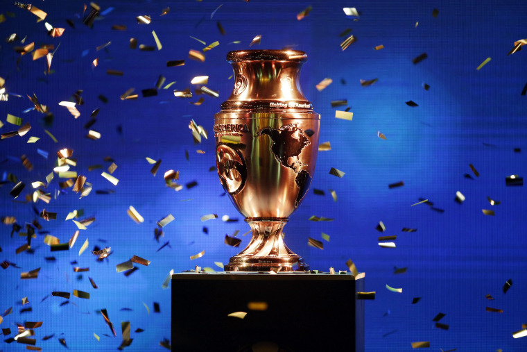 The Copa America Centenario trophy is displayed at a ceremony in Bogota, Colombia