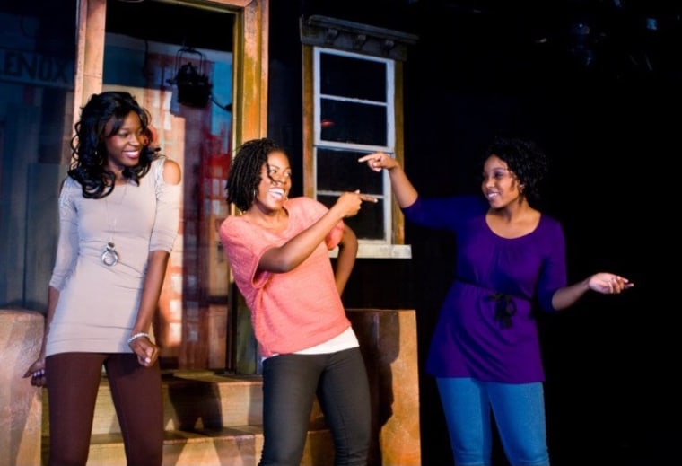 (L-R) Hollis Heath, Jaylene Clark Owens, Janelle Heatley perform in their play about the gentrification of Harlem, "Renaissance in the Belly of a Killer Whale."