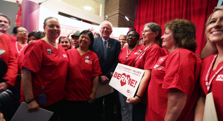 Bernie Sanders with members of the National Nurses Union during a campaign event in California.