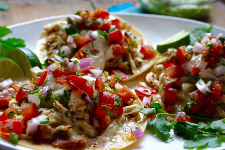 Cheesy chicken tacos using leftover chicken