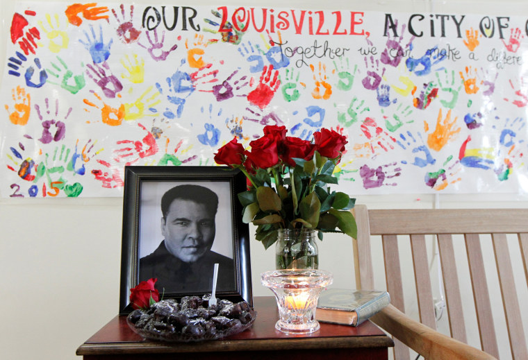 Image: A memorial banner for Muhammad Ali at the Louisville Islamic Center in Louisville