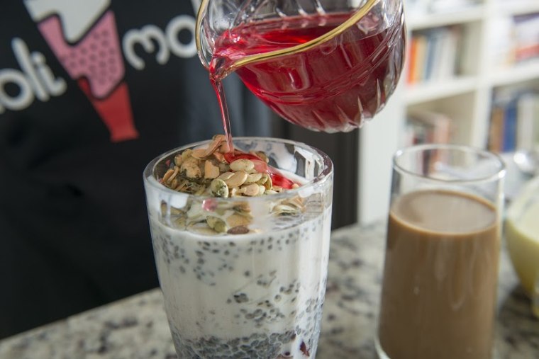 The Royal Falooda, developed by Chef Jocelyn Law-Yone, includes pomegranate-ginger jellies, basil seeds, rice noodle pudding, almond milk, vanilla ice cream, rose water syrup, sprouted pumpkin seeds, and slivered roasted almonds.