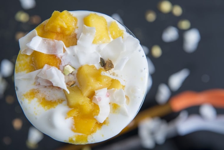 Mango Mogul Falooda, developed by Chef Jocelyn Law-Yone, includes mango-carrot jellies, basil seeds, rice noodle pudding, turmeric milk, mango sorbet, rose water syrup, and lightly salted pistachio bits.