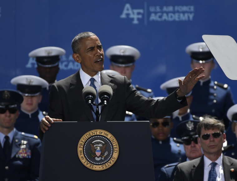 COLORADO SPRINGS, CO - June 02: President Barack Obama gives his commencement address to the United States Air Force Academy 58th graduating class at Falcon Stadium June 02, 2016.