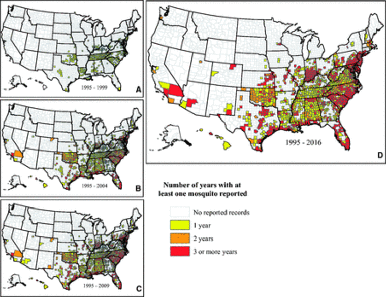 A map of all Aedes albopictus occurrences in the U.S. 1995-2016