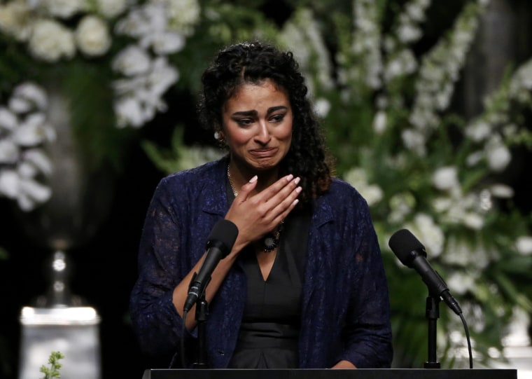 Natasha Mundkur, a student at the University of Louisville, speaks at a memorial service for Muhammad Ali in Louisville, Kentucky, on June 10, 2016.