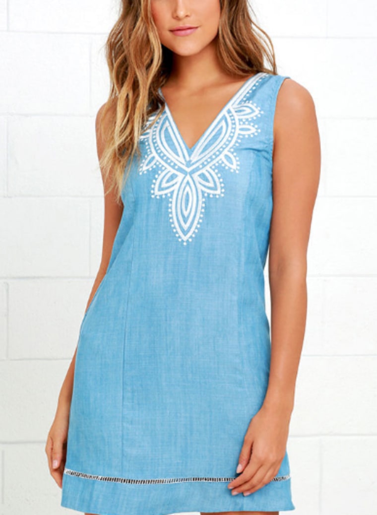 HAPPIEST DAYS LIGHT BLUE EMBROIDERED CHAMBRAY DRESS