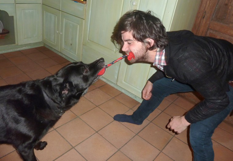 Birdy and Gordon Delacroix playing tug of war