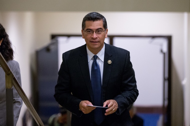 Xavier Becerra arrives for a news conference with other House Democratic leaders on Capitol Hill in Washington, DC