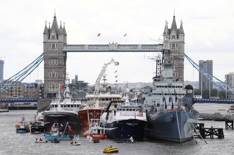 Image: Remain campaigners in dinghies try to disrupt a demonstration by a flotilla of fishing vessels campaigning to leave the European Union on the river Thames in London
