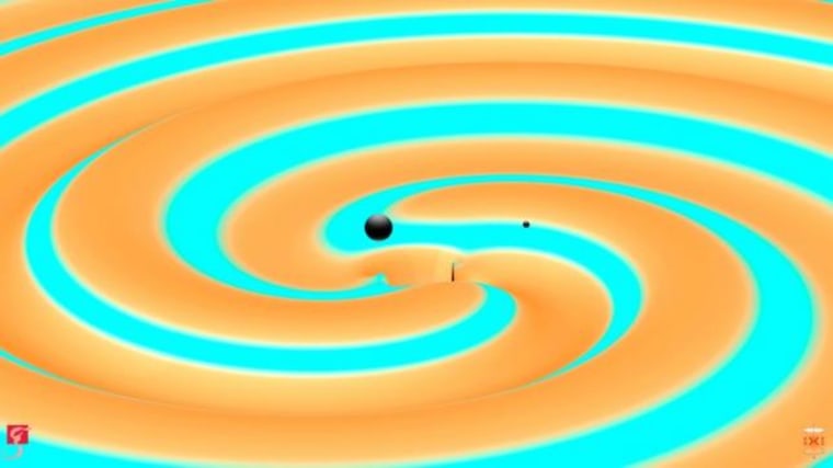 An artist rendition shows two black holes just moments before they collided and merged to form a new black hole
