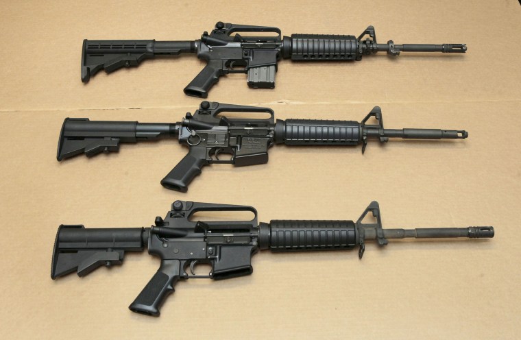 In this Aug. 15, 2012 file photo, three variations of the AR-15 assault rifle are displayed at the California Department of Justice in Sacramento, Calif. While the guns look similar, the bottom version is illegal in California because of its quick reload capabilities. Omar Mateen used an AR-15 that he purchased legally when he killed 49 people in an Orlando nightclub over the weekend President Barack Obama and other gun control advocates have repeatedly called for reinstating a federal ban on semi-automatic assault weapons that expired in 2004, but have been thwarted by Republicans in Congress.