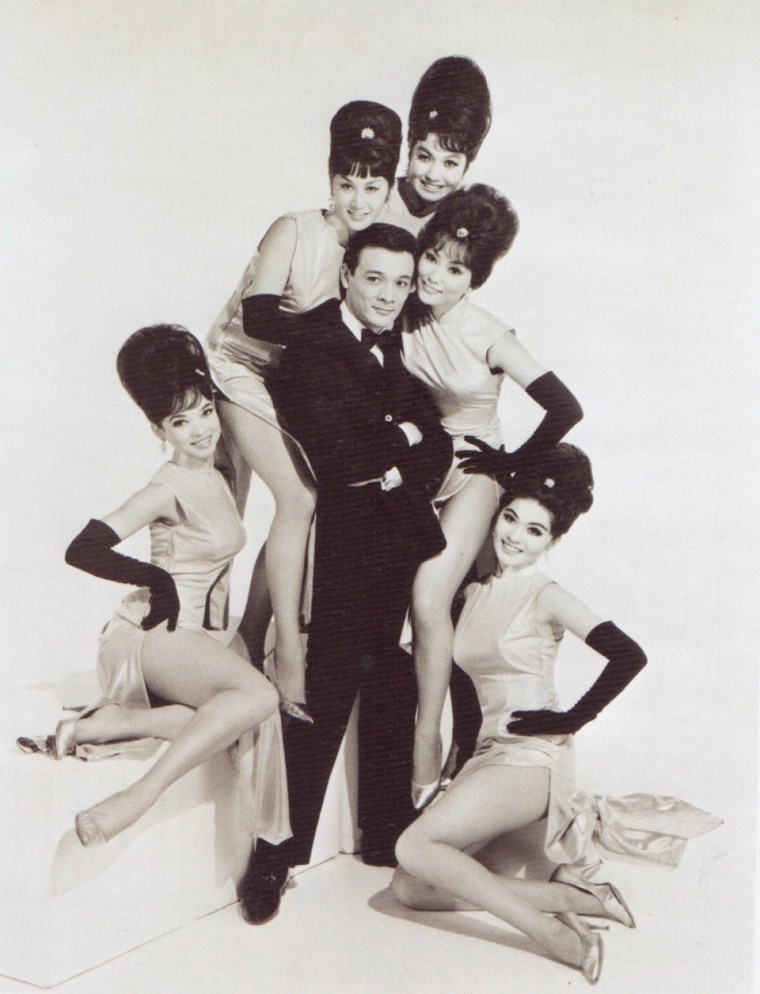 In this mid-1960s publicity photo, singer Jimmy "Jay" Borges poses with, from left to right, Joanna Pang, Arlene Wing, Kako Tani, Sisko Borges (Borges' then-wife), and Cynthia Fong.