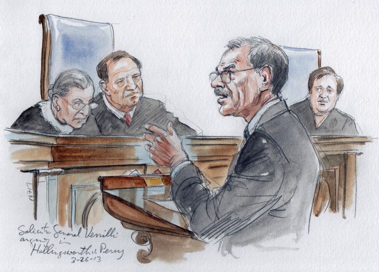 Solicitor General Donald Verrilli argues in front of Justices Ruth Bader Ginsburg, Samuel Alito, and Elena Kagan in the U.S. Supreme Court in Washington