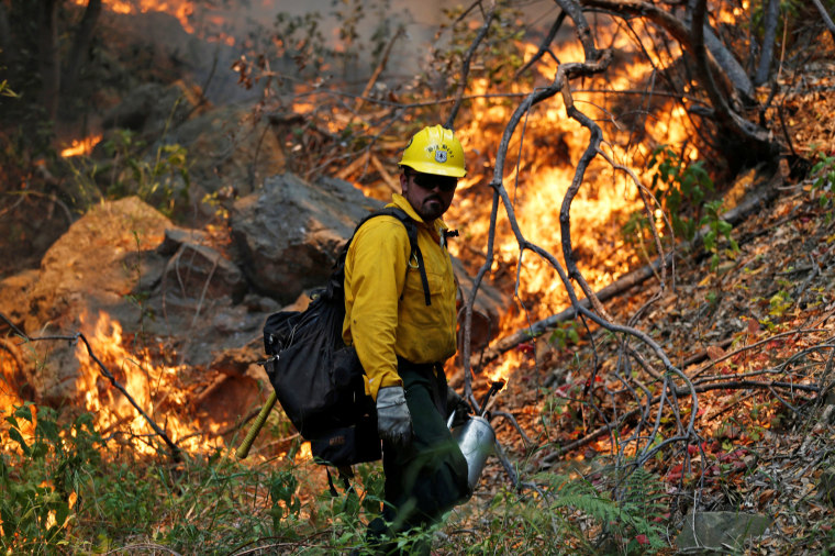 Image: A Hotshots member from the U.S. Forest Department sets a back fire while battling the the so-called \"Sherpa Fire\", which has grown to over 1100 acres overnight, in the hills near Goleta