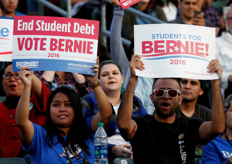 Image: Student supporters hold up signs as they wait for U.S. Democratic presidential candidate Sanders to speak during a rally in Carson
