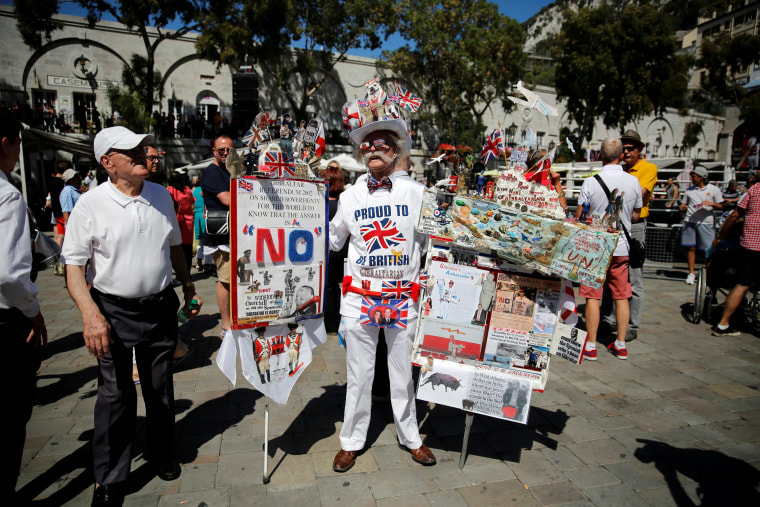 Image: A man from Gibraltar looks on after suspending a \"Gibraltar stronger in Europe\" campaign event in the British overseas territory Gibraltar