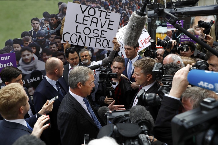 Image: Leader of the United Kingdom Independence Party Farage speaks to media after a launch for an EU referendum poster in London