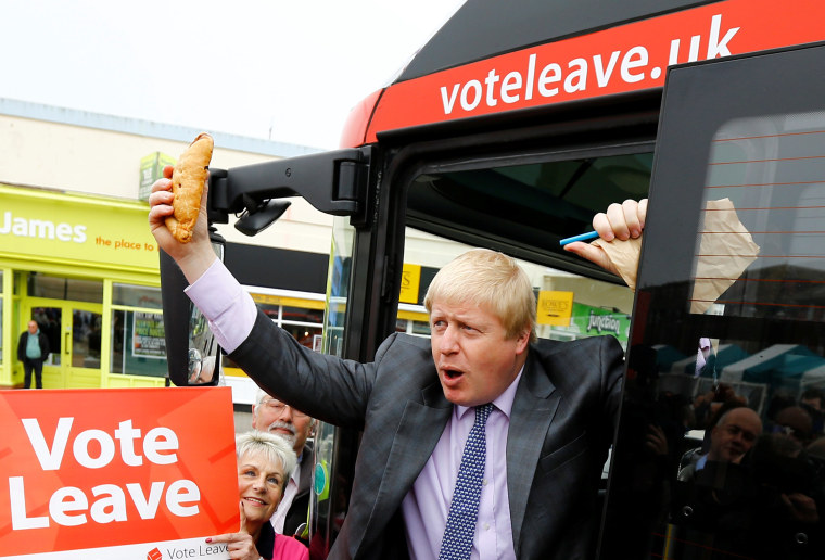Image: Former London Mayor Boris Johnson holds up a Cornish pasty during the launch of the Vote Leave bus campaign, in Truro