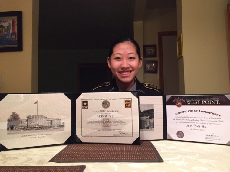 Iris Yu with her acceptance to the U.S. Military Academy at West Point, New York and scholarship from the Junior Reserve Officer Training Corps scholarship.