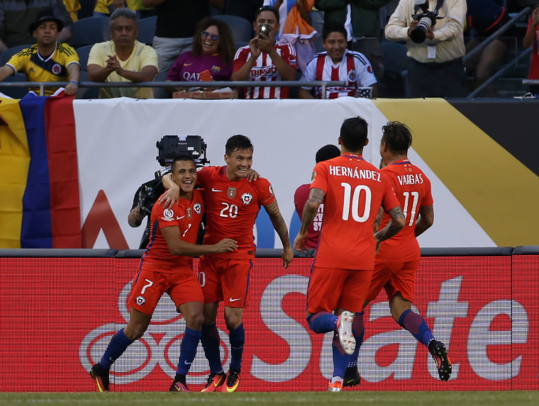 Chile's players celebrate a goal against Colombia during a Copa America Centenario semifinal