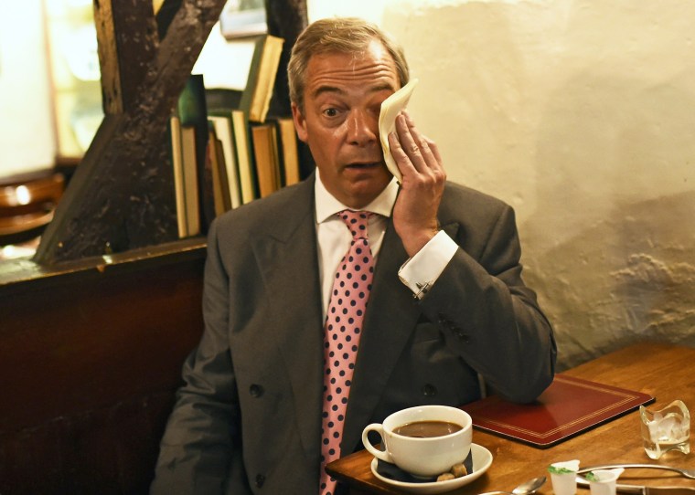 Image: Nigel Farage, the leader of the United Kingdom Independence Party, has a coffee in The Old Jail pub, after voting in the EU referendum, in Biggin Hill