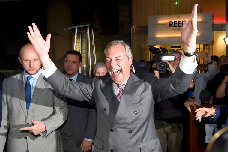 Image: Nigel Farage, the leader of the United Kingdom Independence Party (UKIP), reacts at a Leave.eu party after polling stations closed in the Referendum on the European Union in London