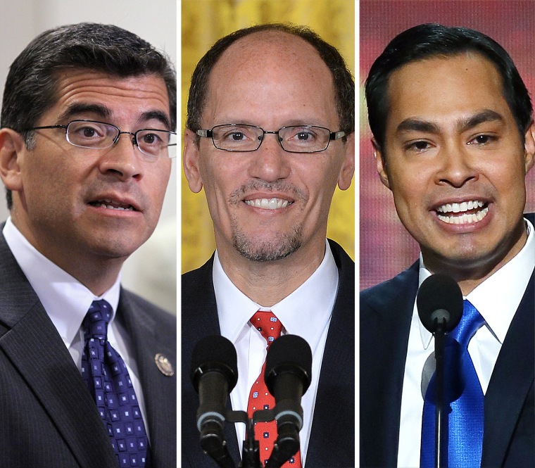 From left, Rep. Xavier Becerra, Secretary of Labor Tom Perez and Housing Secretary Julian Castro