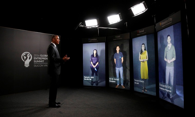 Image: U.S. President Barack Obama participates in a Google Portal virtual conversation with entrepreneurs at the Global Entrepreneurship Summit at Stanford University in Palo Alto