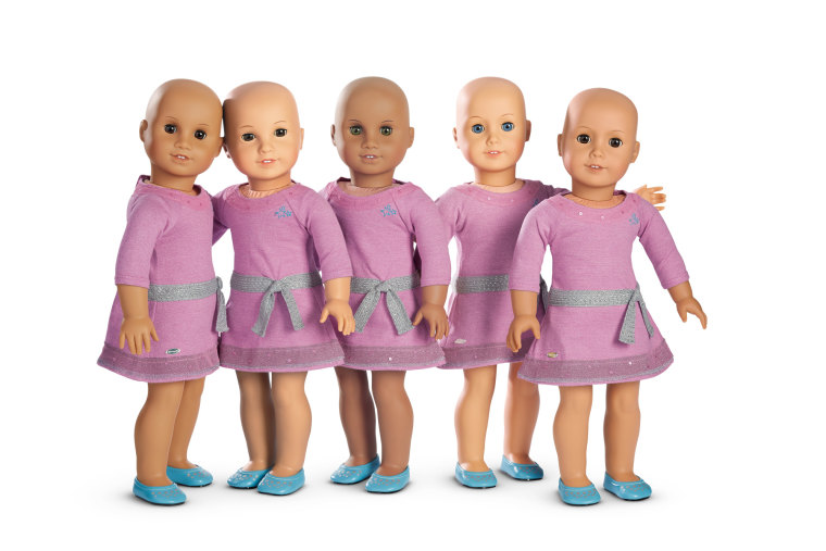 American Girl offers an entire line of dolls without hair as a part of their Truly Me collection.