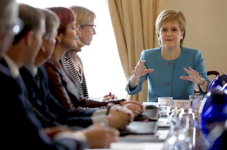 Image: Scotland's First Minister Nicola Sturgeon speaks during an emergency cabinet meeting at Bute House in Edinburgh