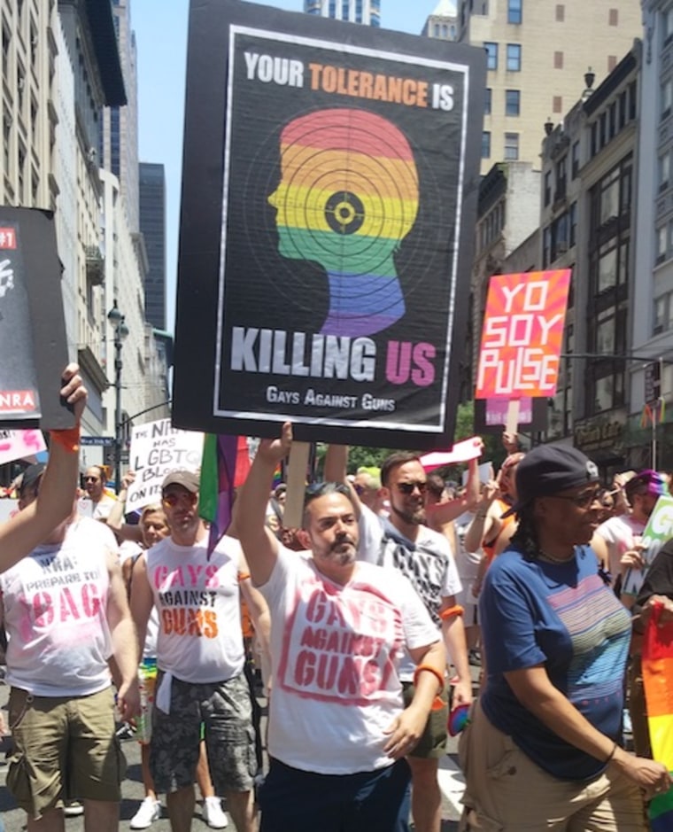 Gays Against Guns, a newly formed LGBTQ gun control group, participates in the 2016 NYC Pride March.