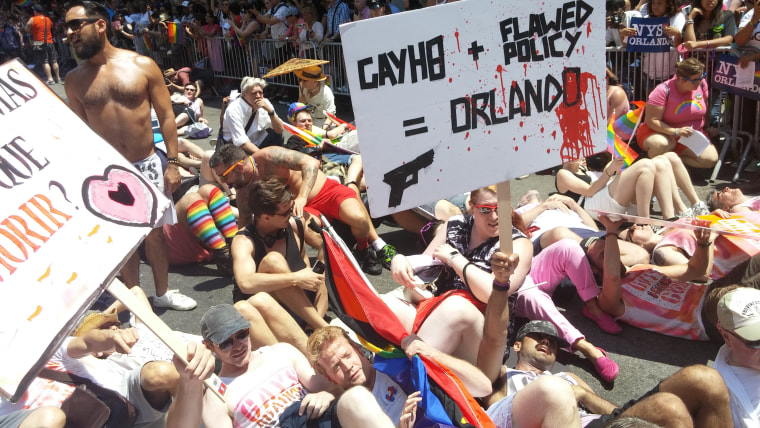 Gays Against Guns, a newly formed LGBTQ gun control group, stages a "die-in" at the 2016 NYC Pride March.