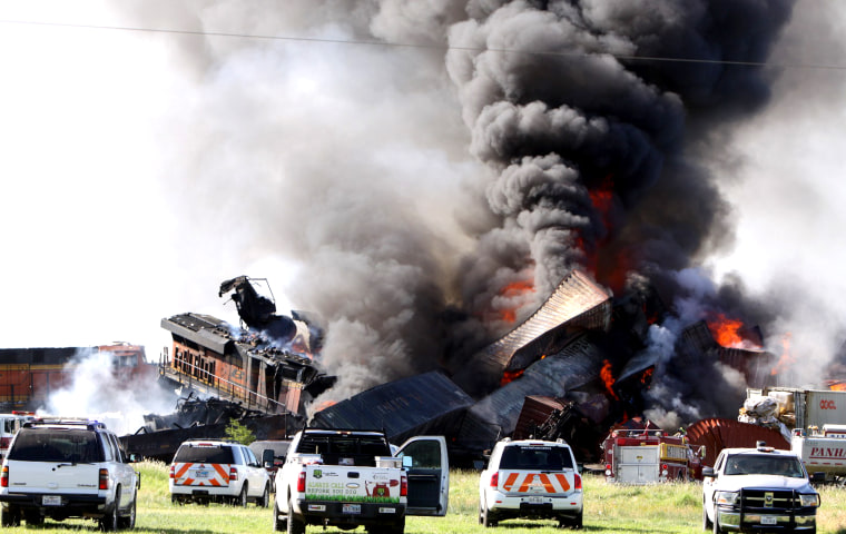 Emergency crews rush to the scene after two trains collided near Panhandle, TX on June 28, 2016.