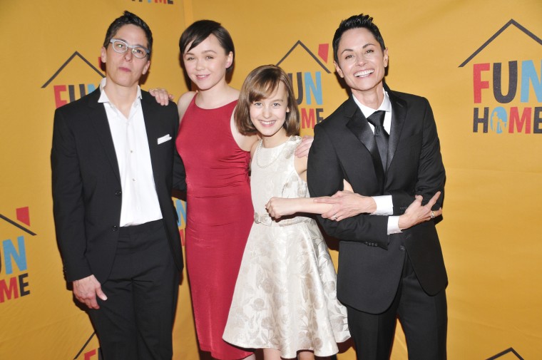 Alison Bechdel, left, with the Broadway cast of "Fun Home"