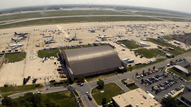 An aerial view of Andrews Air Force Base flight line during the first day of the 2004 Joint Service Open House.