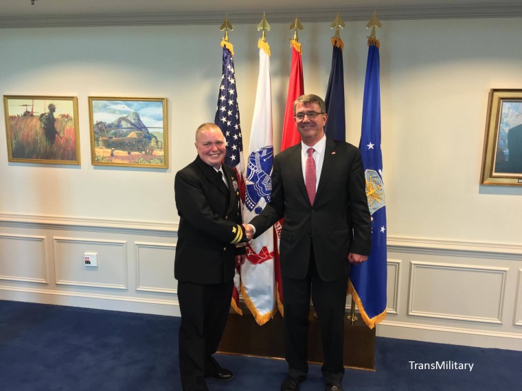 Navy Lieutenant Blake Dremann with Secretary of Defense Ash Carter