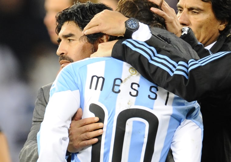 Argentina's Coach Diego Maradona Hugs Messi