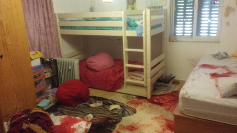 Bloody bedroom seen after Muhammad Tarayra, 17, allegedly stabbed and killed Hallel Yaffa Ariel, 13, in her bedroom in Kiryat Arba, Israel early morning on June 30.
