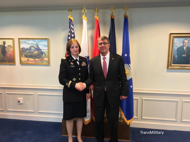 Army Captain Jennifer Peace with Secretary of Defense Ash Carter a week before the military lifted its ban on transgender service members serving openly.