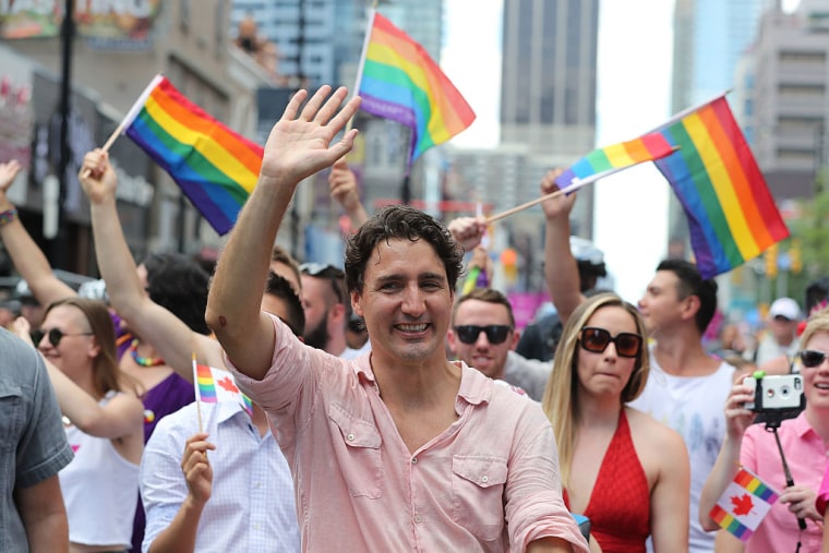 Prime Minister Justin Trudeau during the 2016 Toronto Pride parade along Yonge Street in Toronto. July 3, 2016.