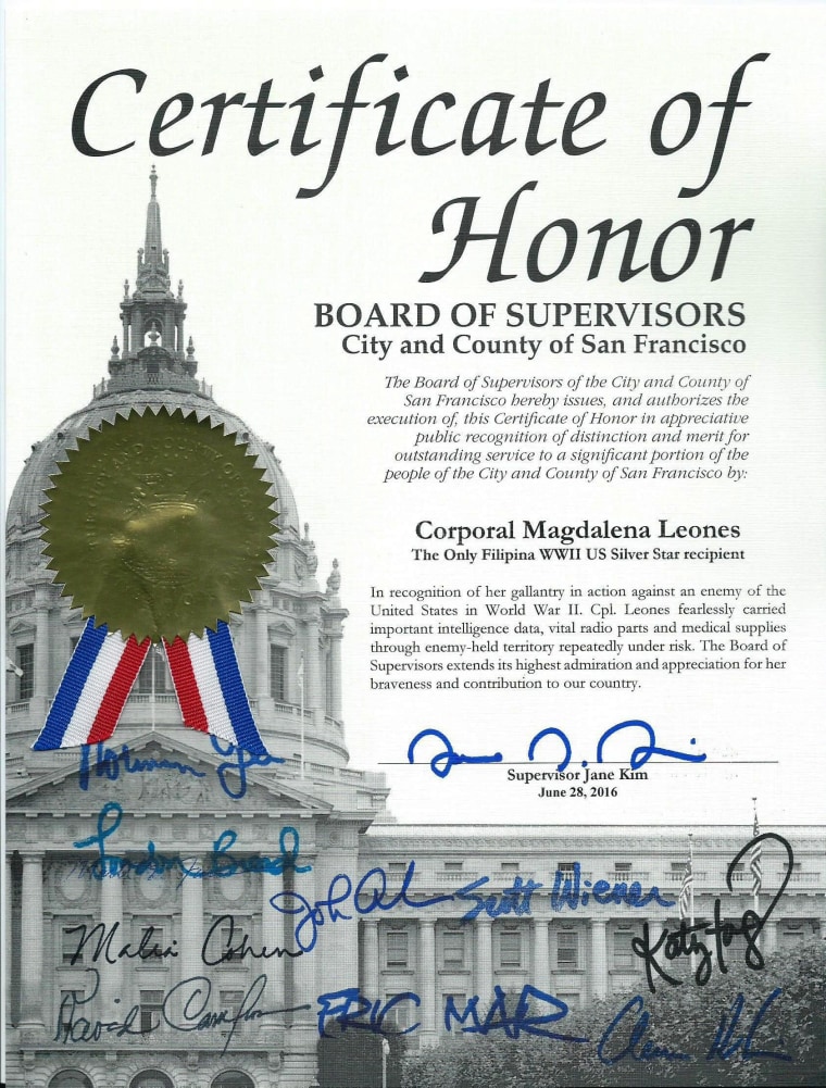 Leones' certificate of honor from the San Francisco Board of Supervisors