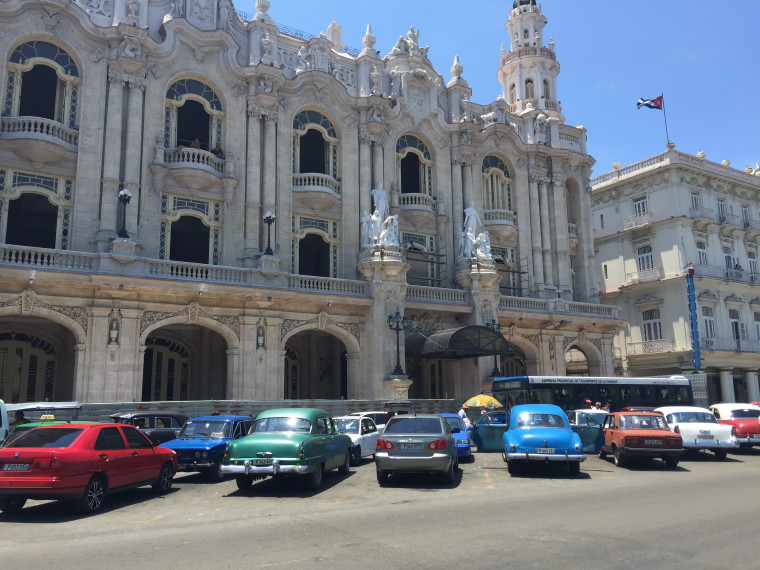 Cars parked outside of the National Theater in Havana, Cuba, August 2015.