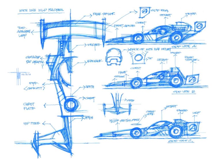 Sketches of an Iron Man race car designed by Ratanasirintrawoot.